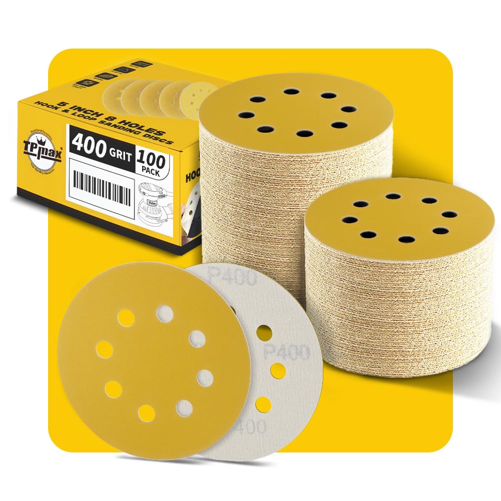 100PCS 125mm 8 Hole Sanding Discs Sandpaper, 400 Grit, Premium Gold Round Hook and Loop for Random Orbital Sander - Ideal for Wood, Metal, Automotive — image 1