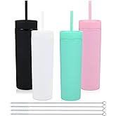 Volhoply 16oz Plastic Skinny Tumbler With Lid and Straw Bulk 4 Pack,Insulated Double Wall BPA Free Matte Acrylic Tumblers,Iced Coffee Mug Reusable Party Cup,Customizable Diy Gifts(Assort color,4 Set)