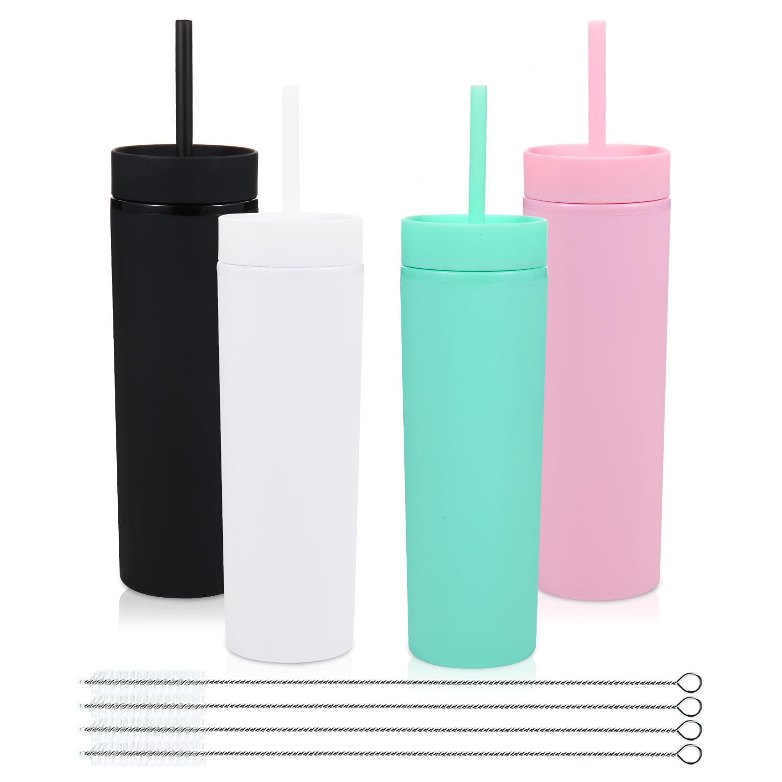 Volhoply 16oz 470ml Plastic Skinny Tumblers with Lid and Straw Bulk | Double Wall | Reusable Iced Coffee Mug | BPA Free | Matte Acrylic Water Cups (Assorted,4 Pack) — image 1