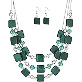 Layered Beaded Statement Necklaces for Women Square Shell Bead Collar Necklace and Earring Set Birthday Gifts Boho Jewelry Sets for Women