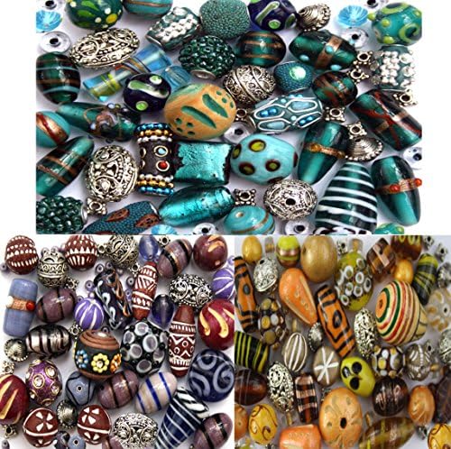 3 x Packs of Handmade Glass Wooden & Tibetan Indian Jewellery Making Beads in Yellow Blue & Purple