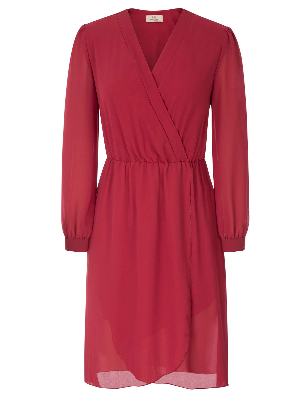 Women's Long Sleeve VNeck Wrap Dresses Wear to Work Size L Red CL8212