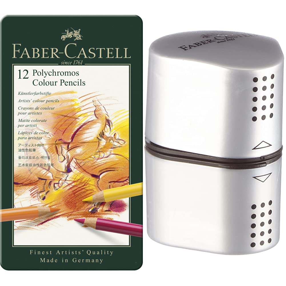 Faber-Castell F110012 Polychromos Colour Pencils Tin Of 12 & Faber-Catell Trio Sharpener Box GRIP 2001 Silver
