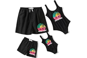 IFFEI Mommy and Me Swimsuits One Piece Good Vibes Printed Family Matching Swimwear Monokini Bathing Beach Wear Black Boys: 8-9 Years