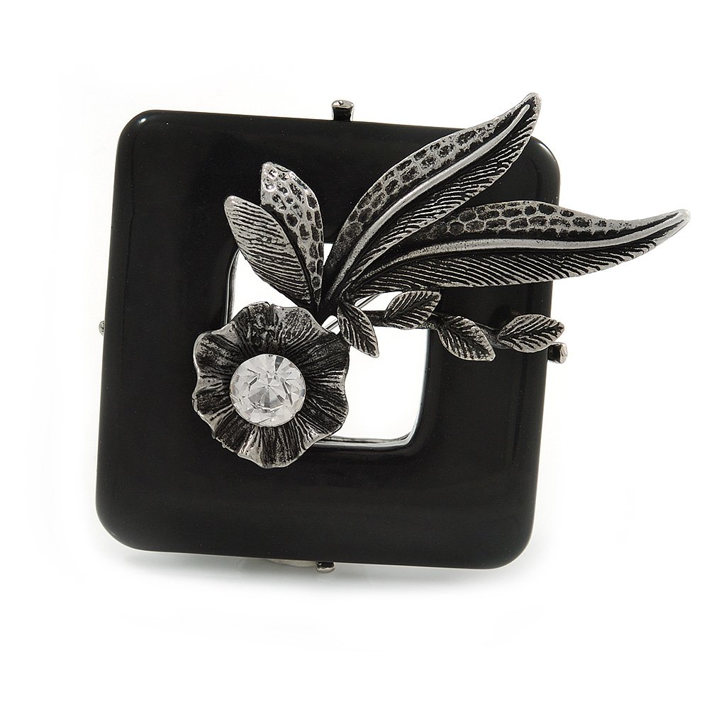 Vintage Inspired Black Ceramic Frame with Flowers Pewter Tone Brooch - 50mm