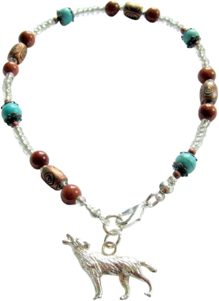 ~ CHEROKEE WOLF ~ HANDCRAFTED TURQUOISE AND GOLDSTONE GEMSTONE ANKLE CHAIN ANKLET ANKLE BRACELET