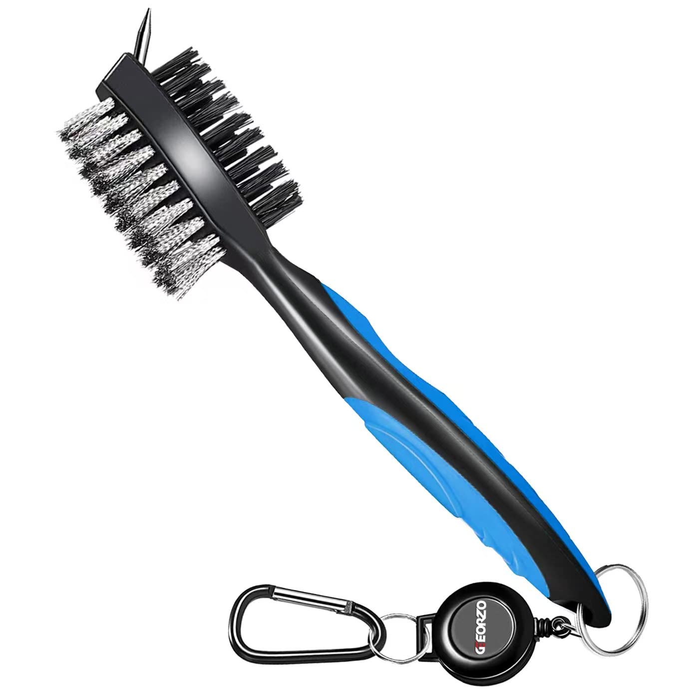 Geeorzo Golf Club Cleaner, Dual-Sided Retractable Golf Brush and Groove Cleaner with Carabiner, Golf Accessories for Men Golfer Gifts (Blue)