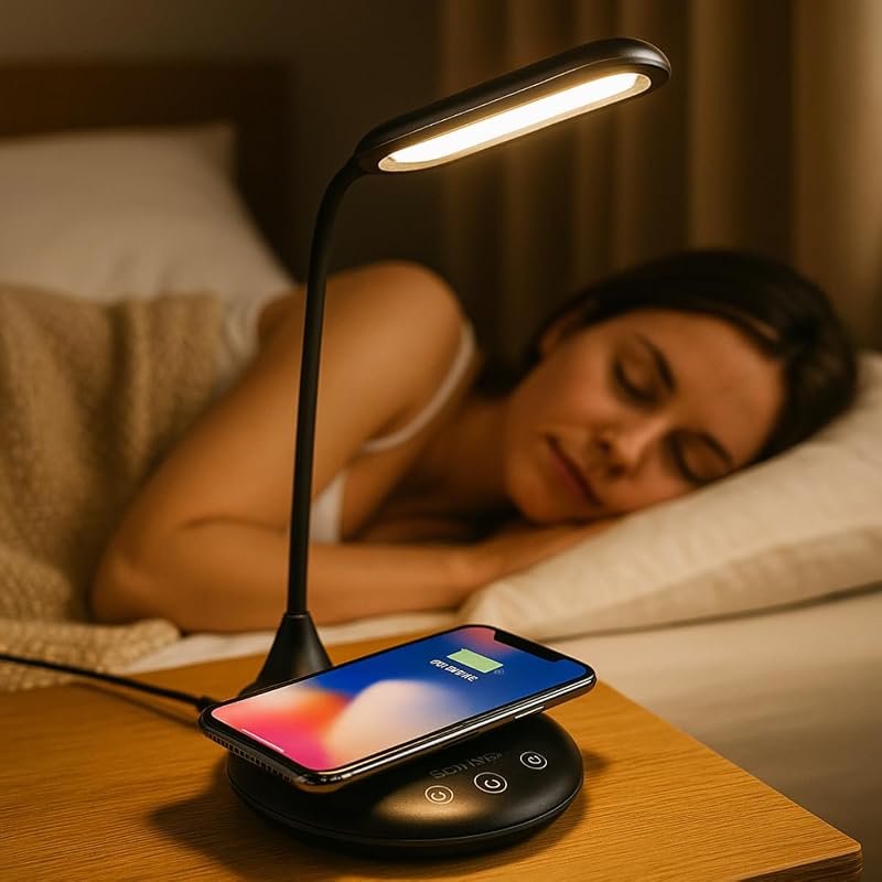 Lámpara de escritorio con cargador inalámbrico – Lámpara LED regulable táctil – Lámpara de noche con 3 colores de luz – USB-C – Brazo flexible para iluminación ajustable