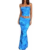 Women High Stretchy Adjustable Strap Backless Floral Two Piece Maxi Skirt Set Summer Outfits 2025