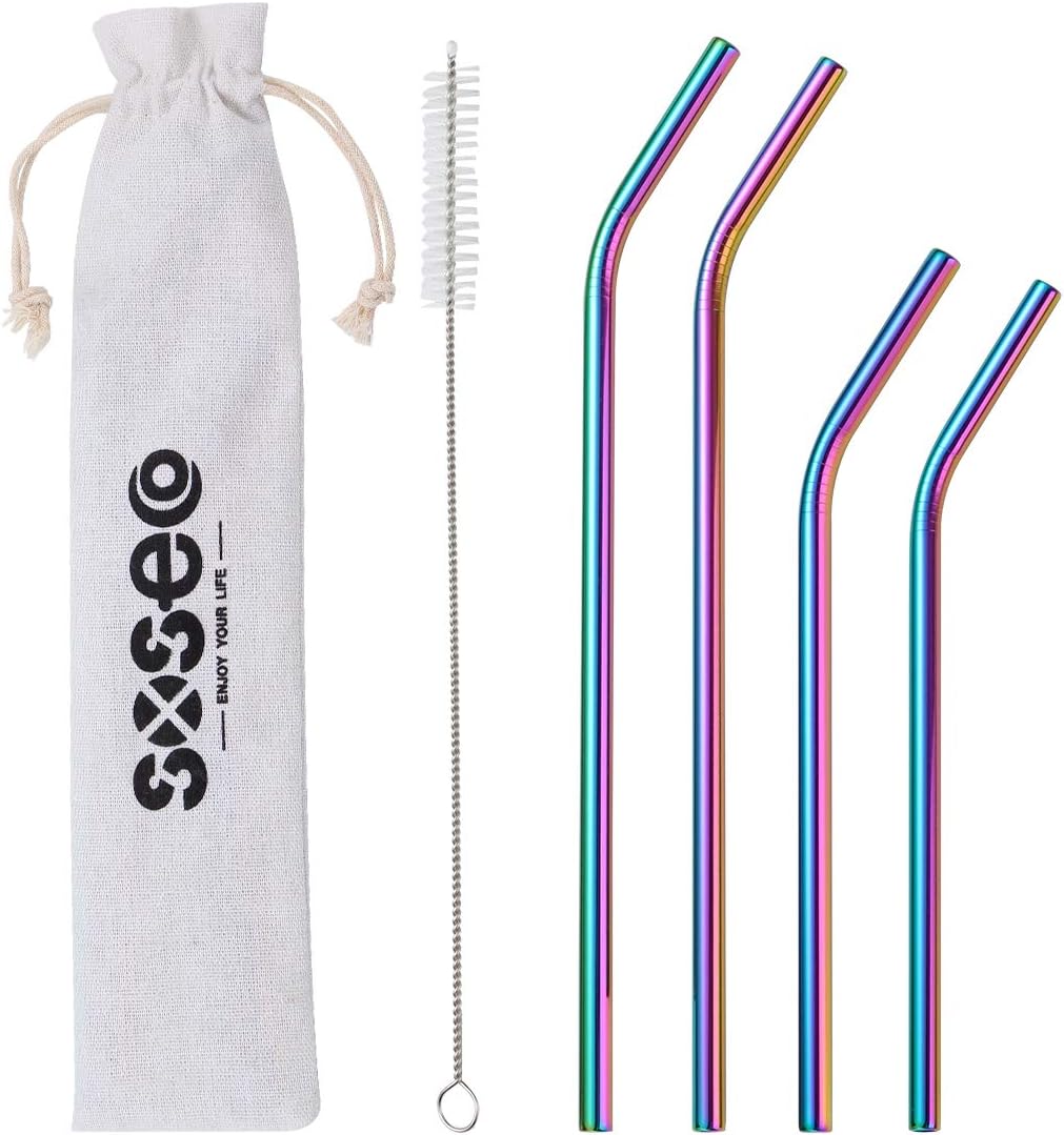 Metal Straws, Reusable Drinking Straws, 5 Pcs SXSECO Full Variety Stainless Steel Straws with Wide Smoothie Straw for 20oz 30oz 40oz Yeti (Rainbow: 4 set)