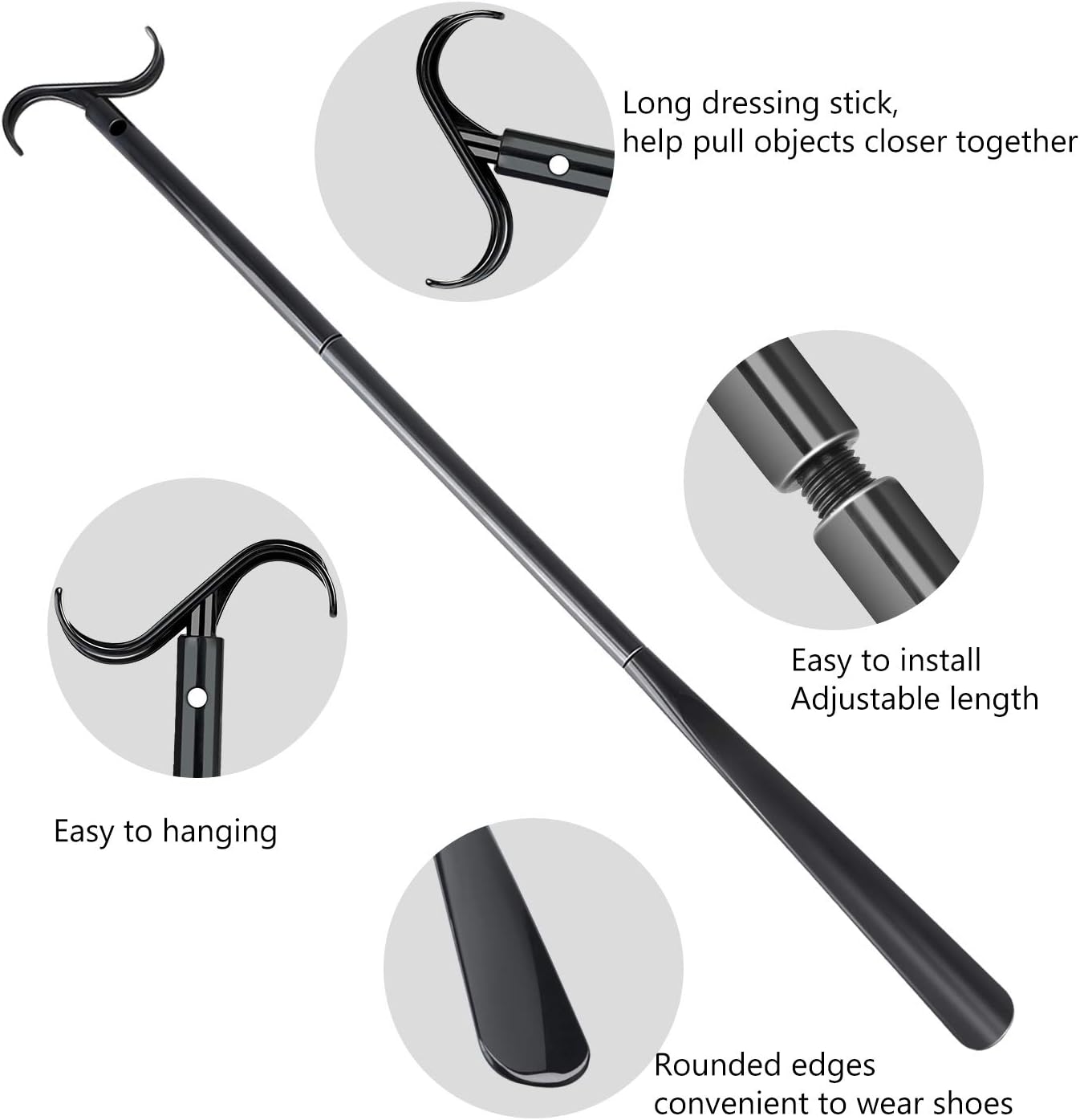 35" Long Dressing Stick with Shoe Horn with Sock Removal Tool, Adjustable Extended Dressing Aids for Shoes Socks, Shirts and Pants - Image 3