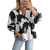 Tankaneo Womens Floral Peplum Babydoll Tops 3/4 Puff Sleeve Pleated Blouse Cute Casual V Neck Loose Fit Flowy Boho Shirts