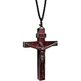 Wooden Crucifix Necklace for Men Women, Brown Wood Cross Christian Jesus Catholic Handmade Natural Pendant Chain, Braided Cord Rope, Religious Jewelry Spiritual Gift for Baptism Confirmation Easter