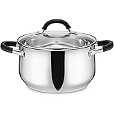 E-far 5Qt Stainless Steel Pot, Stock Pot with Glass Lid for Cooking Pasta Soup Sauce, Tri-Ply Induction Thick Base & Cool-Touch Handles, All Stoves & Dishwasher Safe