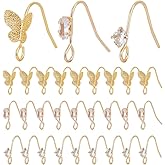 SUNNYCLUE 30Pcs 3 Styles Gold Earring Hooks Brass Fish Hook Earring Cubic Zirconia Butterfly Clear Rhinestone French Earrings Hooks Bulk Earwire Findings for Jewellery Making Earring Supplies DIY