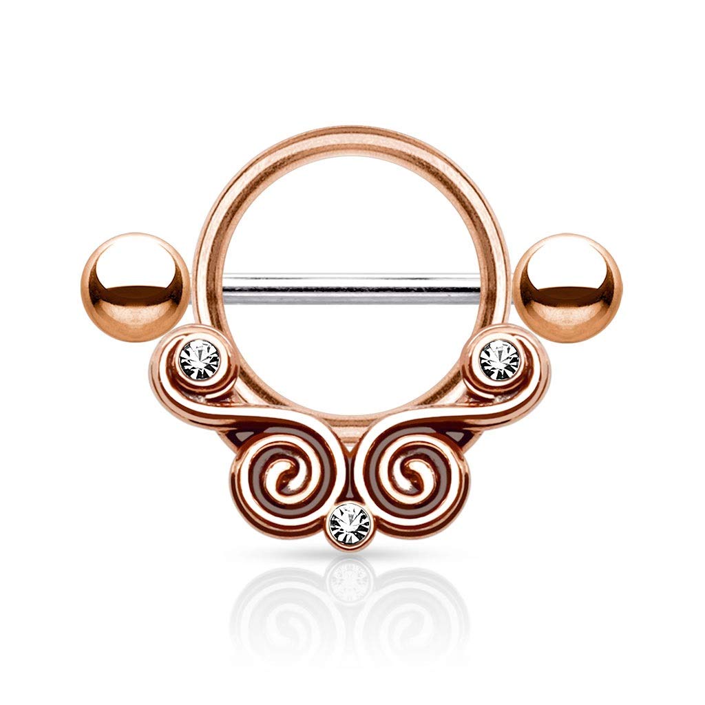 PiercedOff Rose Gold Tone IP over 316L Surgical Steel Nipple Shield with Floral Filigree Design and Clear CZ Gems - Thickness 14GA (1.6mm) / Length 14mm / Ball Size 5mm