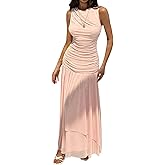 SOLY HUX Women's Summer Ruched Maxi Dress Sleeveless Ruffle Bodycon Wedding Party Long Dresses