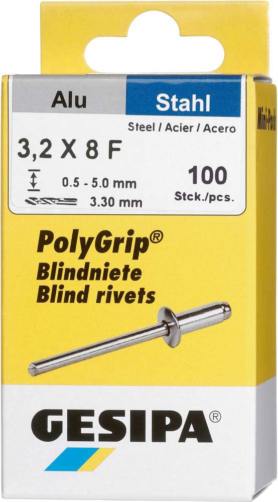 GESIPA PolyGrip 1433846 Blind Rivets Aluminium/Steel 3.2 x 8 / Rivet Shank Diameter 3.2 mm Shear Force 720 N Tensile Force 1050 N Flat Round Head Pack of 100