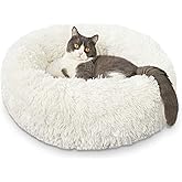 White Cat Beds for Indoor Cats -Fluffy Plush Cat Bed Washable, Anti Anxiety Dog Beds for Small Dogs, Round Faux Fur Cat Bed, 