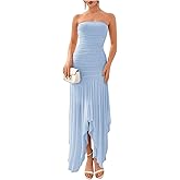 Floerns Tube Tops Dress for Women Asymmetrical Stretch Sexy Ruched Long Bodycon Cocktail Evening Wedding Guest Dress