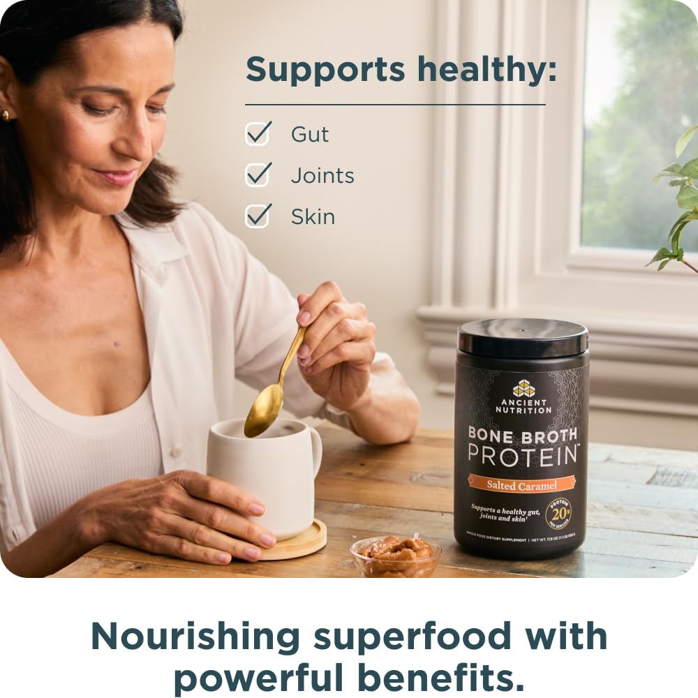 Ancient Nutrition Bone Broth Protein Powder, Salted Caramel, 19g Protein per Serving, Beef, Supports Healthy Skin, Gut Health, Joint Supplement, Gluten Free, Paleo and Keto Friendly, 20 Servings