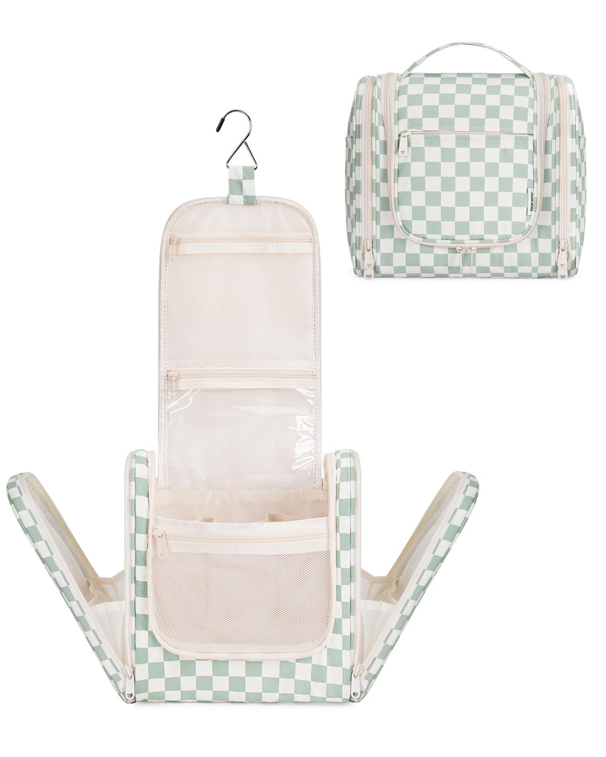 Photo 1 of Narwey Large Hanging Toiletry Bag for Women Travel Makeup Bag Organizer Toiletries Bag Dry Wet Separation for Cosmetics Essentials Accessories (Mint Green Checkerboard)1048671125
