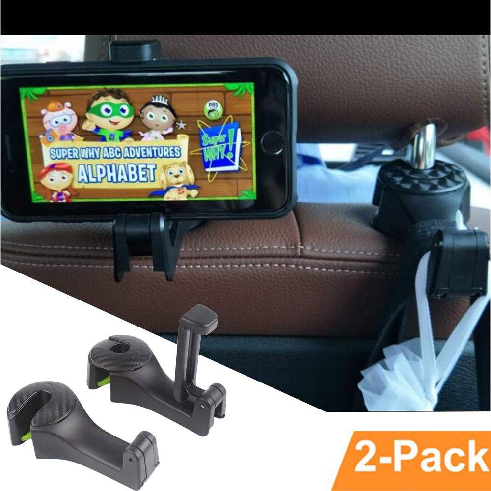 Car Backseat Hooks with Phone Holder,Universal Vehicle Car Headrest Hooks Hanger with Lock and Phone Stand for Holding Phones and Hanging Shopping Bag, Purse, Cloth, Grocery Bags - Pack of 2