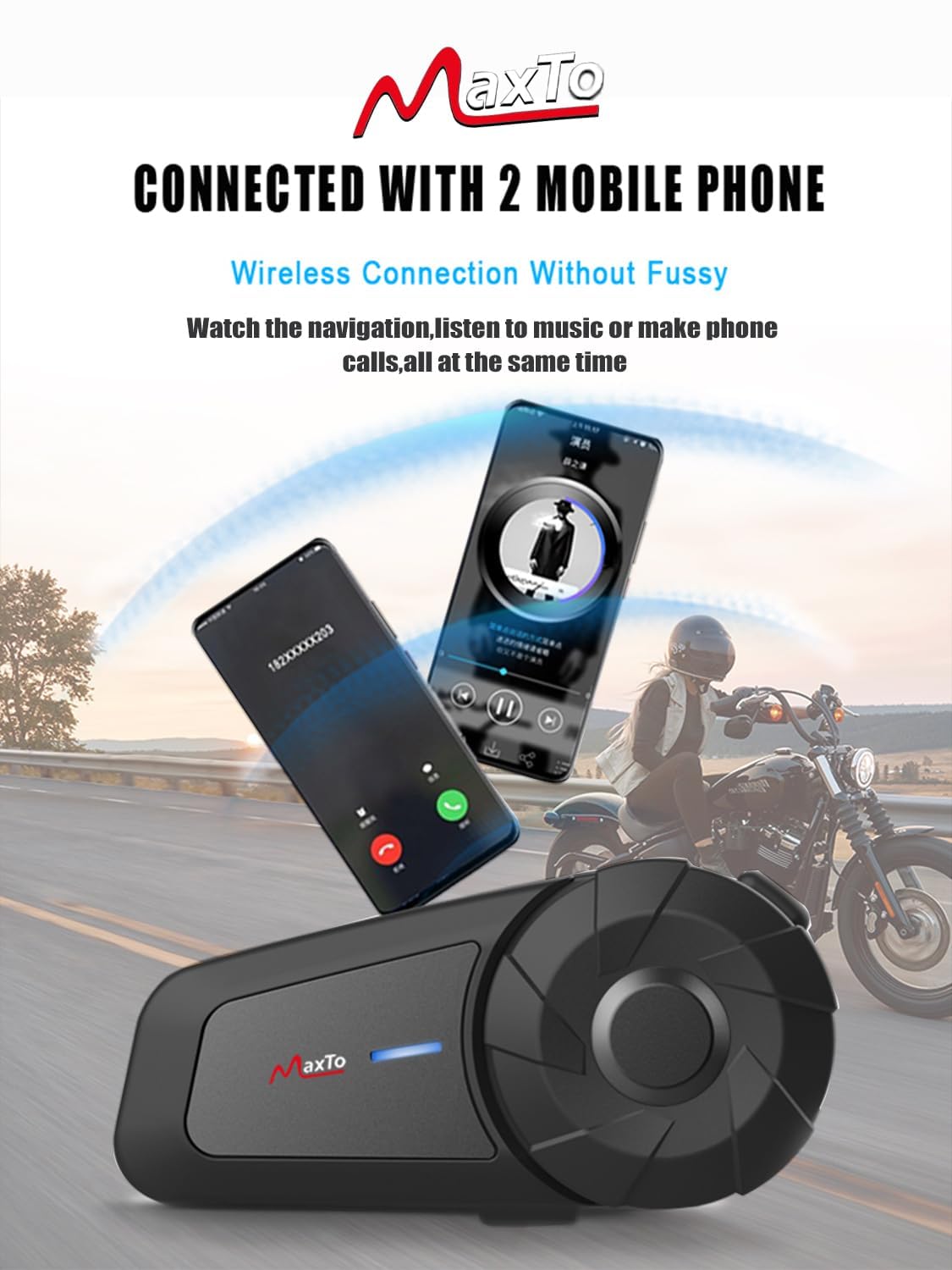 MAXTO Motorcycle Bluetooth Headset, MX1 2-Riders 800M universal Intercom Communication Systems, HiFi Stereo Sound/IPX6 Waterproof/Call Music Control, Motorcycle Helmet Speaker-Intercom-Headset(2 pack)
