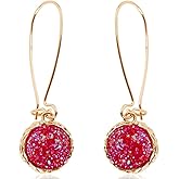 Simulated Druzy Threader Drop Earrings for Women - Gold, Silver, or Rose Gold Tone Trendy Boho Dangles with Sparkly Round Stone