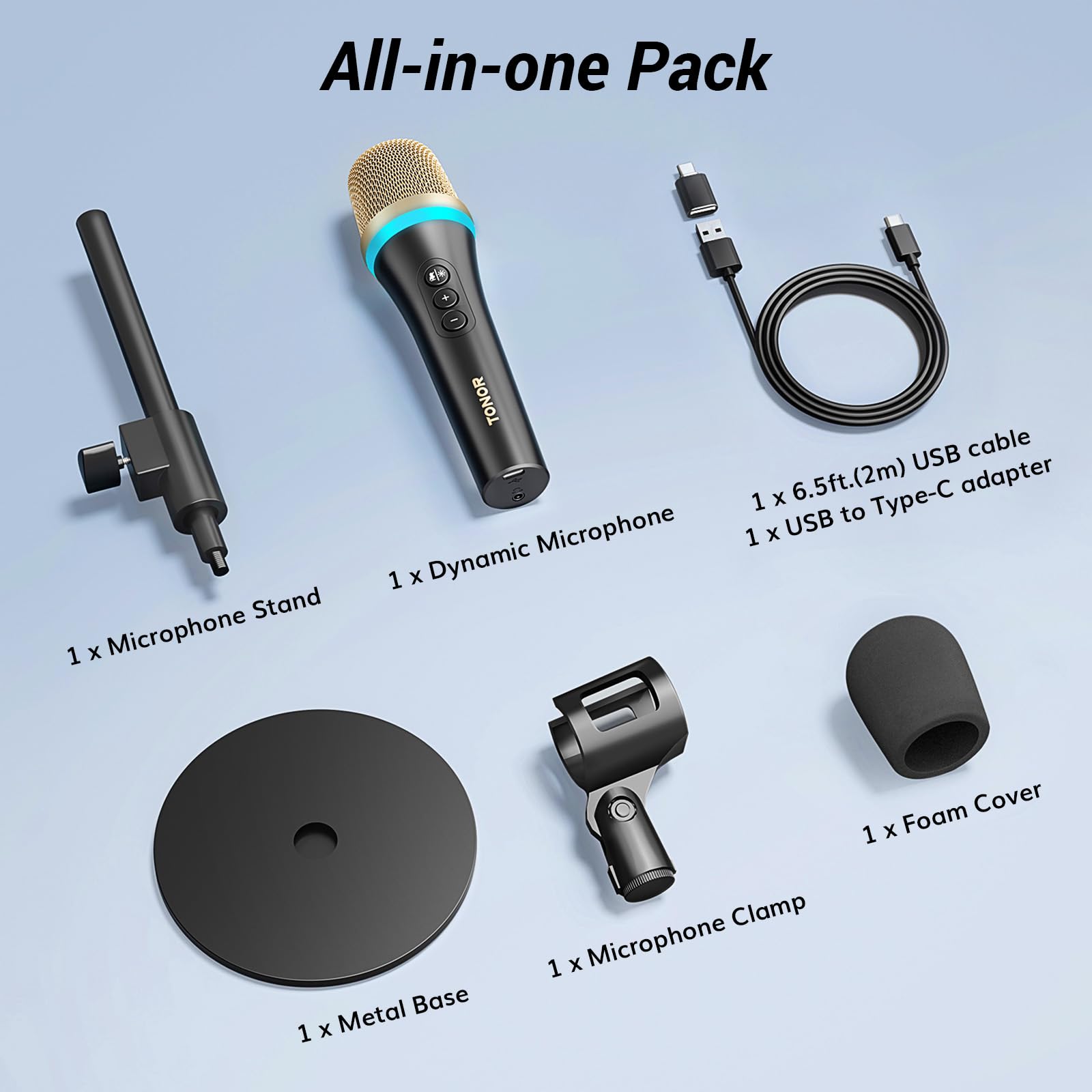 TONOR USB/TypeC Dynamic Microphone Vocal Mic, Single Directional Metal Handheld Wired RGB Condenser Microphone with Desktop Stand, One Click Mute for Live Streaming, Telework, Gamer, Content Creator,