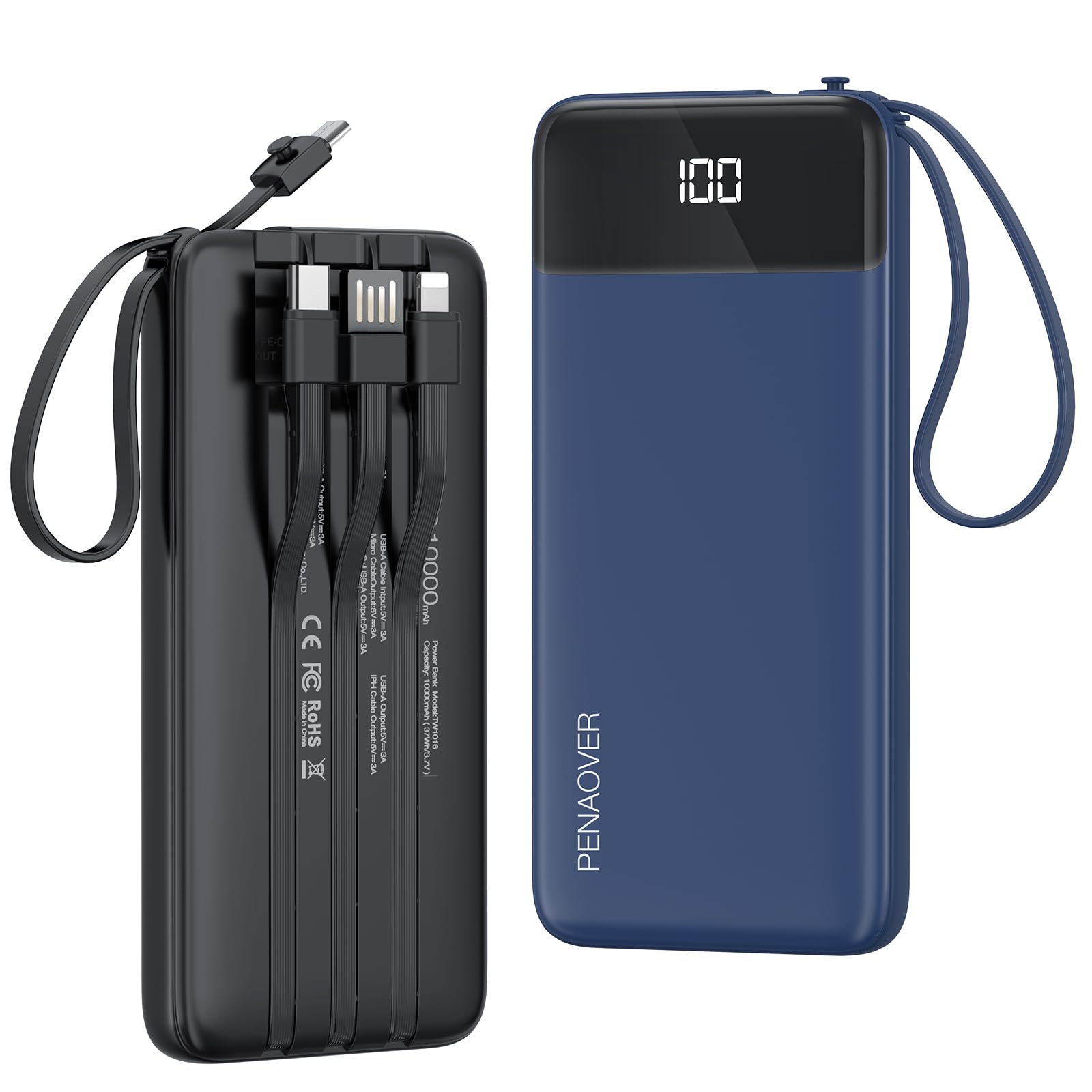 penaover Portable Charger 10000mAh Power Bank with Built-in Cable, 5 Output 2 Input Travel Essential External Battery Pack with LED Display Compatible with iPhone 17/16/15 Samsung Android,etc（2 Pack）