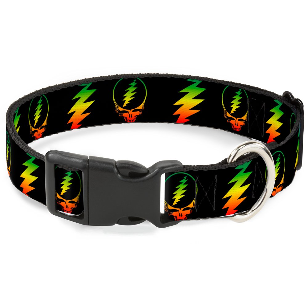 Buckle-Down Plastic Clip Collar - Steal Your Face w/Lightning Bolt Repeat Black/Rasta - 1/2" Wide - Fits 9-15" Neck - Large