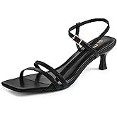 Athlefit Women's Kitten Heels Square Toe Low Heel Strappy Sandals Ankle Strap Buckle Dress Heeled Sandals