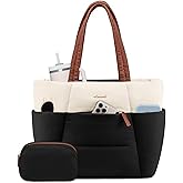 LOVEVOOK Puffer Tote Bag for Women, Lightweight Work Tote with Cup Holder for 15.6In Laptop Large Teacher Nurse Bag with Zip