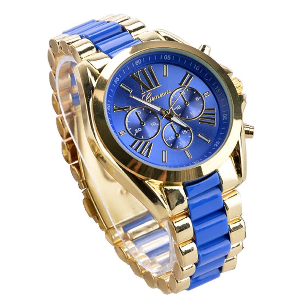 Cnlinkco Quartz Full Steel Watch Luxury Watches Casual Wrist Watch Gold Dial Alloy Watch for Men and Women (Blue)