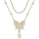 MEIITRUE Butterfly Initial Necklaces for Women 14K Gold Plated Dainty Layered Beaded Chain Necklace with Cubic Zirconia Butterfly Pendant Letter Charm Personalized Stackable Jewelry Gift for Her