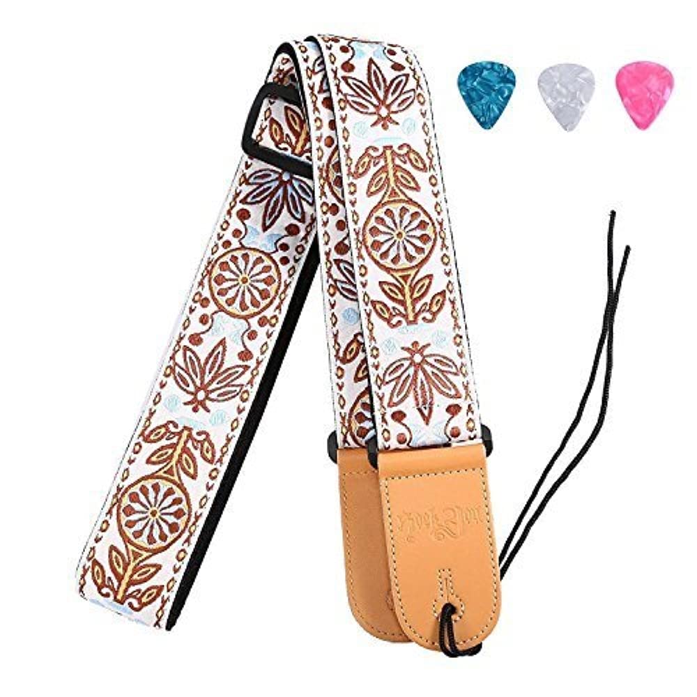 Rufun Guitar Strap Retro Adjustable Jacquard Weave Vintage Accessory for Basse Electric Acoustic Guitar, 3 Picks Included (Brown)