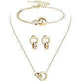 AILPIWE Dainty Necklace Bracelet Earrings Set for Women Gold Silver Rose Gold Diamond Interlocking Circle Jewelry Set for Sister Mom Gift