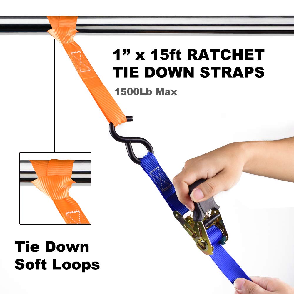 TIE Down Strap Ratchet Tie Down Straps - 4 Pk-15 Ft 1500 Lb Break Strength - Cargo Straps for Securing Motorcycle, Kayak, Truck, Trailer and Boat Lawn Equipment- Includes 4 Soft Loops