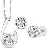 Gem Stone King 10K White Gold Green Prasiolite Pendant Earrings Jewelry Set For Women | 2.85 Cttw | Gemstone Birthstone | Round 6MM | with 18 Inch Chain