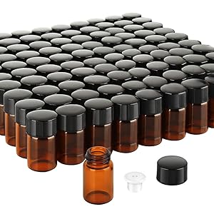 Teenitor 100 Packs 2 ML (5/8 Dram) Essential Oil Bottles, Small Sample Amber Glass Jars With Orifice Reducers And Black Caps For Oil Blends, Perfumes, Lab Chemicals