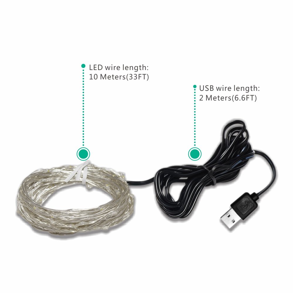 LTE 100 LED Copper Wire Lights, 33ft, Warm White, USB Powered for Halloween, Party, Wedding, DIY, Holiday Decoration