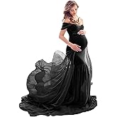 ZIUMUDY Maternity Chiffon Mermaid Gown Off Shoulder Dropped Sleeve Fitted Photo Shoot Photography Dress