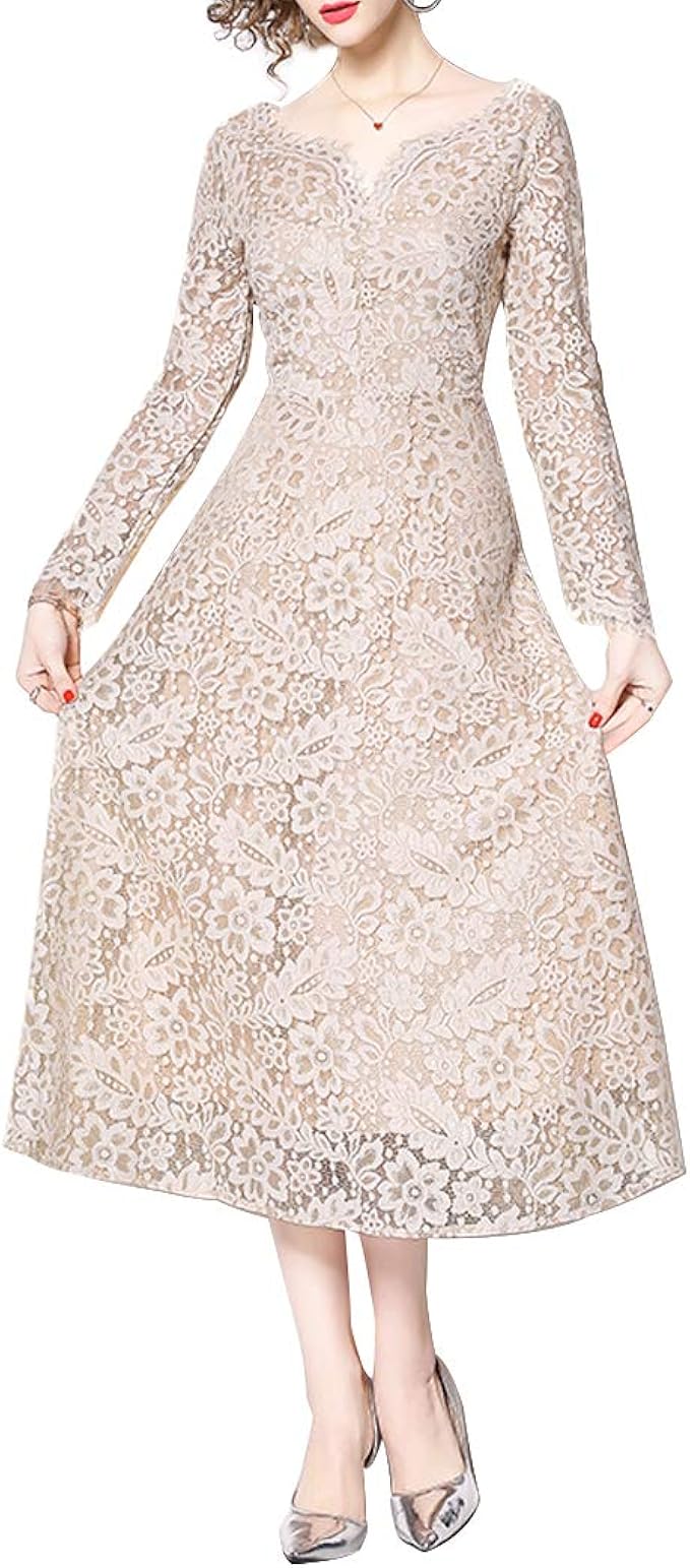 Amazon Bankiku バンキク ロングドレス 総レース ワンピース レディース レース 洋服 ミセス フォーマル 結婚式 パーティドレス エレガント Aライン バリ 長袖 ベージュ パーティードレス 通販