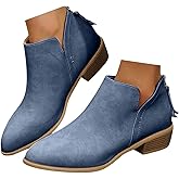 Women's Ankle Boots Chunky Low Heel Comfortable Slip on Short Booties Casual Western V Cutout Faux Suede Stacked Heel Pointed Toe Dressy Booties Fall Shoes