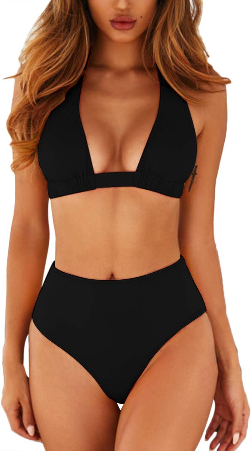 SovoyonteeWomen's Sexy High Waist Swimsuit 2 Piece Printed Halter Bikini Bathing Suits