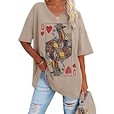 Fazortev Womens Oversized Queen Of Hearts Graphic T Shirts Casual V Neck Half Sleeve Summer Loose Tees Tunic Tops