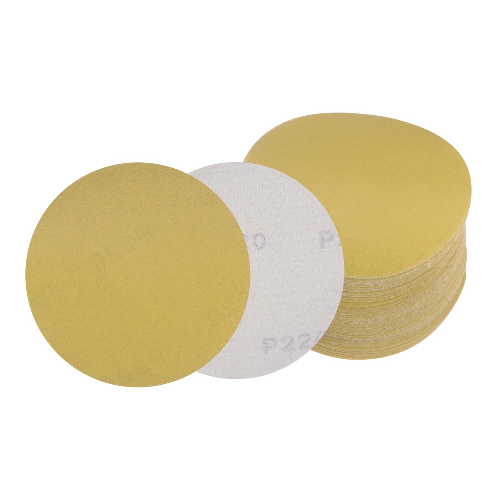 Kozelo 50pcs No Hole Sanding Discs- [ 5 Inch 220 Grit ] Round Hook and Loop Grip Sanding Pads Sheet Sandpaper for Woodworking Metal Polishing Use| Gold, Aluminum Oxide