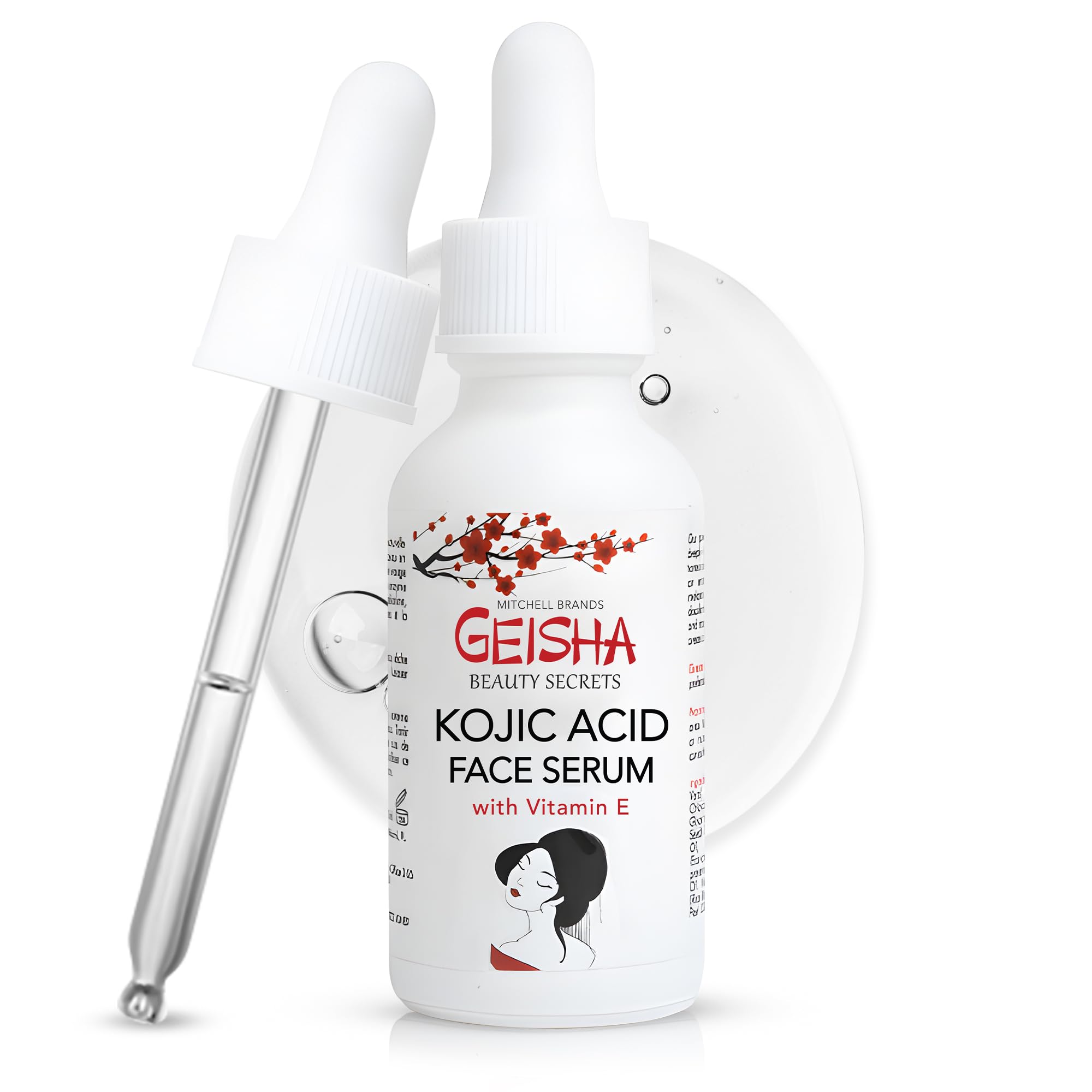 Geisha, Kojic Acid Serum – 30 ml / 1 fl oz – Skin Brightening Serum for: Face, Body, Elbows, Knees, with Hyaluronic Acid & Vitamin E