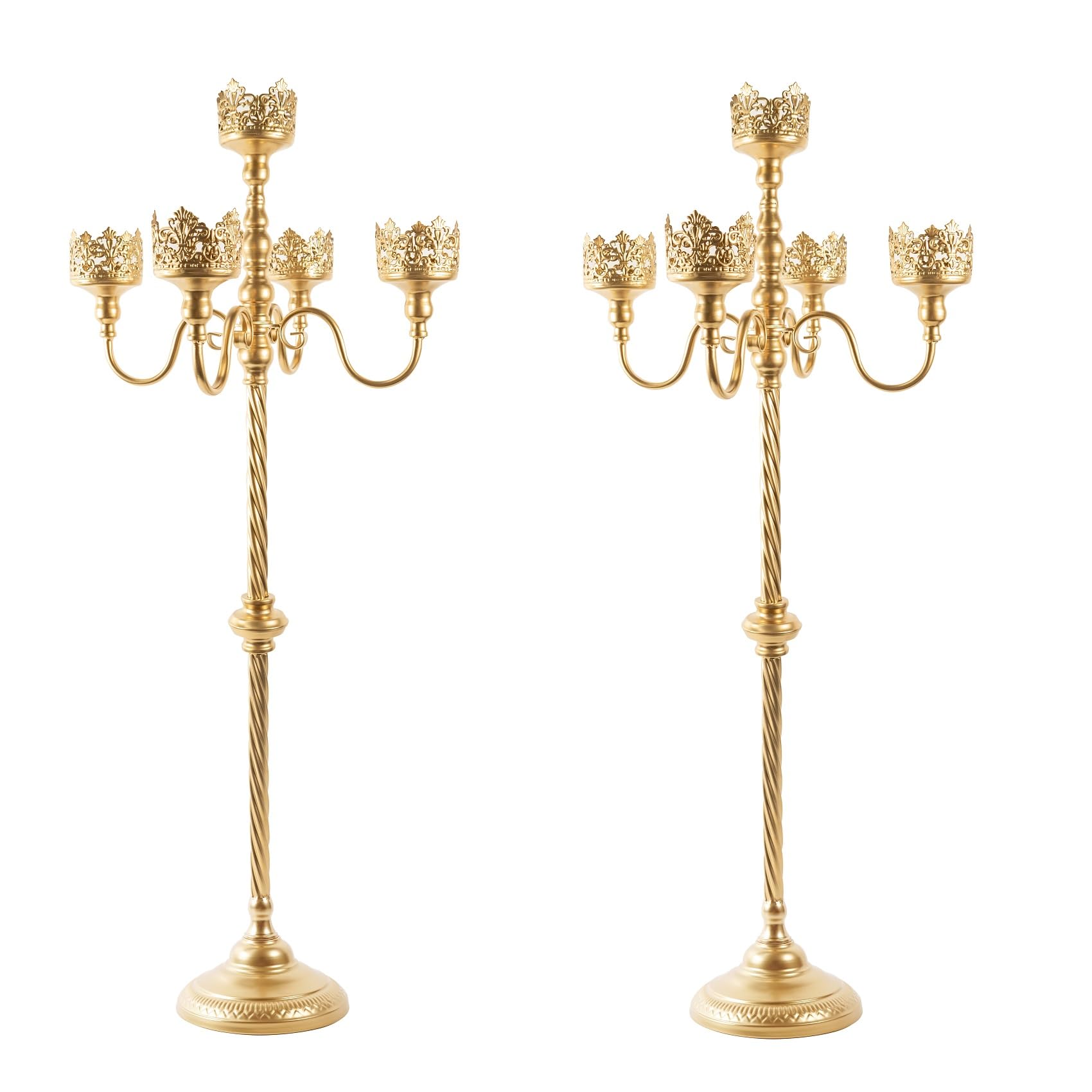 Photo 1 of Gold Floor Candelabra for Wedding Event Decor, 40'' Tall Floor Candle Holders, 2 Pcs Metal 5 Arm Candelabra Centerpiece Decorations for 5 Pillar Candle Holders Party Wedding Aisle Home Decor